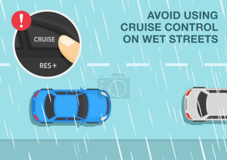 Illustration for Safe car driving tips and rules. Avoid using cruise control on wet streets. Close-up of a finger pressing cruise control button. Rainy weather condition. Flat vector illustration template. - Royalty Free Image