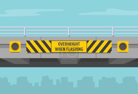 Illustration for Close-up of a low bridge or overpass with obstruction and hazard marker. Overheight with amber flashers. Flat vector illustration template. - Royalty Free Image