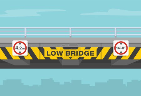 Illustration for Close-up of a low bridge with obstruction and hazard marker. Height limit traffic sign. Flat vector illustration template. - Royalty Free Image