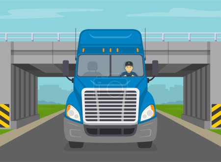 Illustration for Front close-up view of blue truck driving under overpass. Semi-trailer goes through the tunnel under the bridge. Flat vector illustration template. - Royalty Free Image