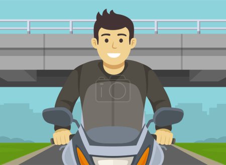 Illustration for Close-up view of motorcyclist without helmet rides motorcycle under overpass. Flat vector illustration template. - Royalty Free Image
