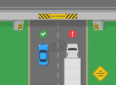 Illustration for Safe driving tips and traffic regulation rules. "Low clearance" marked overpass. Top view of a traffic flow. Flat vector illustration template. - Royalty Free Image