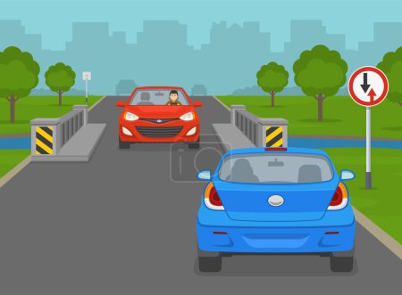 Safe driving tips and traffic regulation rules. Car stopped at "Give way to oncoming traffic" road sign. Flat vector illustration template.