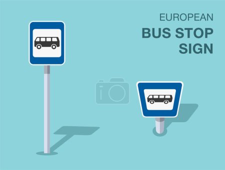 Verkehrsregeln. Abgelegenes europäisches Bushaltestellenschild. Ansicht von vorne und von oben. Vorlage für flache Vektorabbildung.