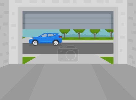 Illustration for Opened home garage door. View from inside to the street. Indoor parking. Flat vector illustration template. - Royalty Free Image