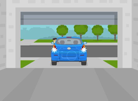 Illustration for Male driver looks back while moving reverse. Opened home garage door. View from inside of the garage to the driveway. Flat vector illustration template. - Royalty Free Image