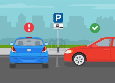 Illustration for Outdoor parking tips and rules. Back and side view of a correct and incorrect parked car in the "parallel to curb parking only" sign area. Flat vector illustration template. - Royalty Free Image