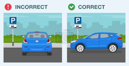 Illustration for Outdoor parking rules. Back and side view of a correct and incorrect parked car in the "parallel to curb parking only" area. Flat vector illustration template. - Royalty Free Image