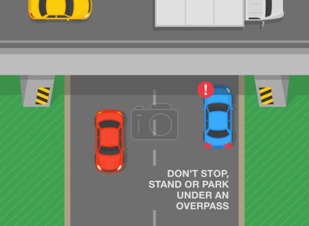 Illustration for Safe driving tips and traffic regulation rules. Do not stop, stand or park under an overpass. Top view. Flat vector illustration template. - Royalty Free Image