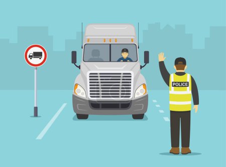 Un policier de la circulation isolé fait un geste d'arrêt avec sa main et se gare sur un camion blanc. Pas de zone de signalisation pour poids lourds. Modèle d'illustration vectorielle plate.
