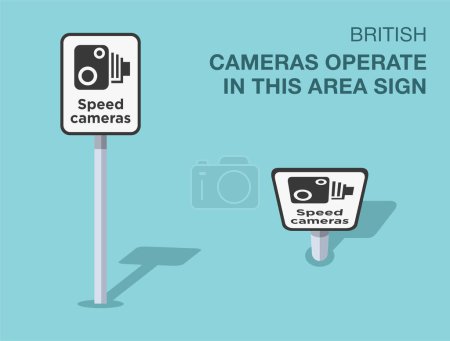 Traffic regulation rules. Isolated British cameras operate in this area sign. Front and top view. Flat vector illustration template.