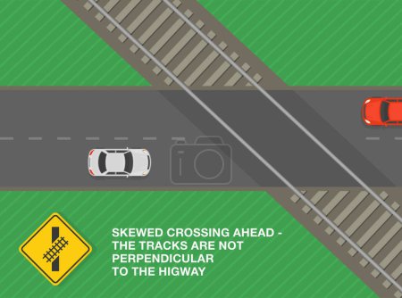 Illustration for Safety driving tips and rules. Tracks are not perpendicular to the highway, skewed crossing ahead. Top view of a road with traffic flow. Flat vector illustration template. - Royalty Free Image
