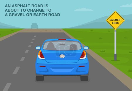 Illustration for Safe driving tips and traffic regulation rules. An asphalt or concrete road is about to change to a gravel road. Back view of a car on a country road. Flat vector illustration template. - Royalty Free Image