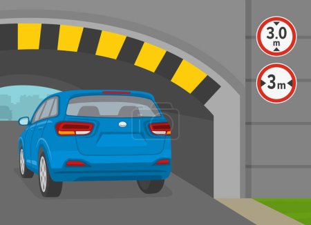 Illustration for Safe driving tips and traffic regulation rules. Back view of a car moving under the bridge with height and width limit signs. Flat vector illustration template. - Royalty Free Image