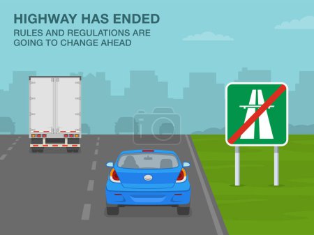 Illustration for Safe driving tips and traffic regulation rules. Back view of a traffic flow on highway. End of highway sign area. Flat vector illustration template. - Royalty Free Image