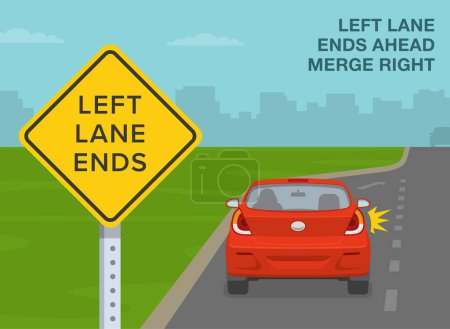 Illustration for Safe car driving tips and traffic regulation rules. Close-up of a left lane ends ahead road sign. Mandatory movements in lanes. Flat vector illustration template. - Royalty Free Image