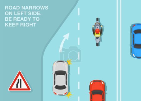 Safe driving tips and traffic regulation rules. Road narrows on left side, be ready to keep right. Top view of traffic flow. Flat vector illustration template.