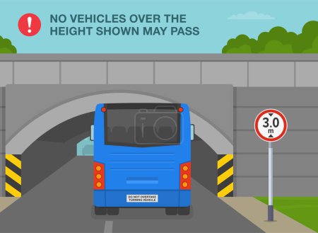 Illustration for Safe driving tips and traffic regulation rules. No vehicles over the height shown may pass. Bus is reaching a low bridge. Flat vector illustration template. - Royalty Free Image
