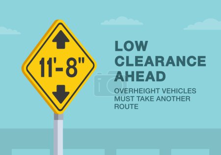 Illustration for Safe driving tips and traffic regulation rules. Close-up of United States low clearance sign. Overheight vehicles must take another route. Flat vector illustration template. - Royalty Free Image