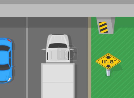 Illustration for Traffic regulation tips and rules. Top view a semi trailer going under the bridge with low clearance sign. Flat vector illustration template. - Royalty Free Image
