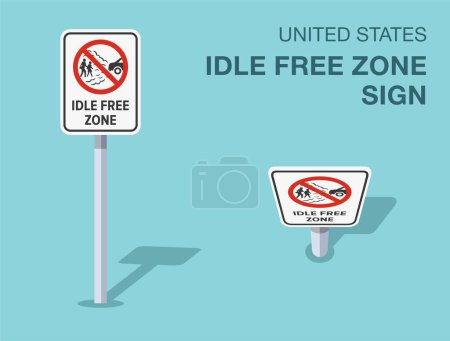 Traffic regulation rules. Isolated United States idle free zone sign. Front and top view. Flat vector illustration template.