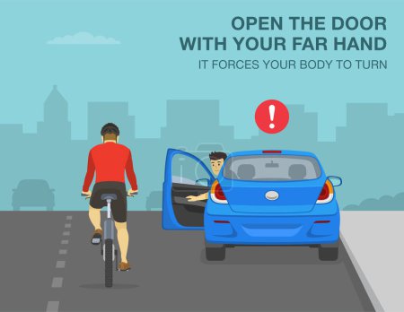 Tipps für sicheres Fahren und Regeln zur Verkehrsregulierung. Öffnen Sie die Tür mit der rechten Hand, sie zwingt Ihren Körper, sich zu drehen. Männlicher Fahrer öffnet Autotür und blickt zurück. Vorlage für flache Vektorabbildung.