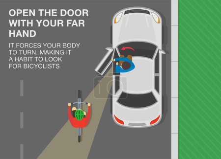 Tipps für sicheres Fahren und Regeln zur Verkehrsregulierung. Blick von oben auf einen Fahrer, der die Autotür öffnet. Öffnen Sie die Tür mit der rechten Hand, um nach einem Radfahrer zu suchen. Vorlage für flache Vektorabbildung.