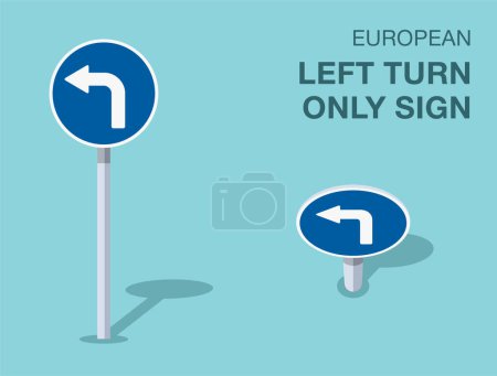Traffic regulation rules. Isolated european left turn only sign. Front and top view. Flat vector illustration template.