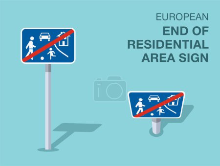 Verkehrsregeln. Abgelegenes europäisches Ende eines Wohngebiets. Ansicht von vorne und von oben. Vorlage für flache Vektorabbildung.