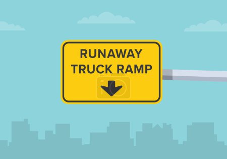 Traffic regulation rules and tips. Close-up view of a "Runaway truck ramp" state road sign. Flat vector illustration template.