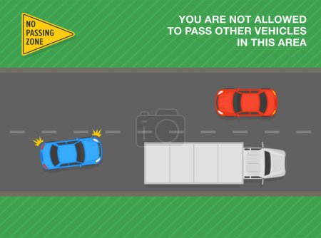 Consejos de conducción seguros y reglas de regulación del tráfico. Vista superior de un coche sedán azul adelantamiento camión en una "zona de no paso" signo de área. Plantilla de ilustración de vector plano.