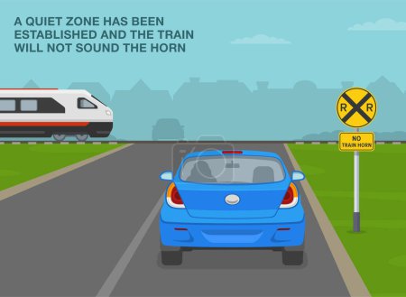 Safe driving tips and traffic regulation rules. Railroad crossing sign with "No train horn" plaque. Blue car is reaching the level crossing without barrier. Flat vector illustration template.