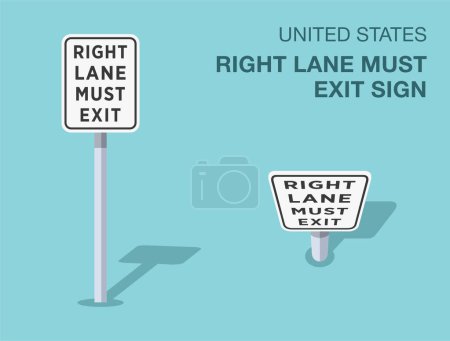 Traffic regulation rules. Isolated United States right lane must exit road sign. Front and top view. Flat vector illustration template.