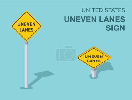 Traffic regulation rules. Isolated United States uneven lanes road sign. Front and top view. Flat vector illustration template.