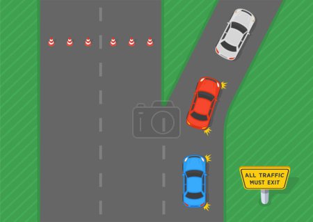 Tipps für sicheres Fahren und Regeln zur Verkehrsregulierung. Draufsicht auf einen Verkehrsfluss auf der Autobahn. Der gesamte Verkehr muss den Schilderbereich verlassen. Vorlage für flache Vektorabbildung.