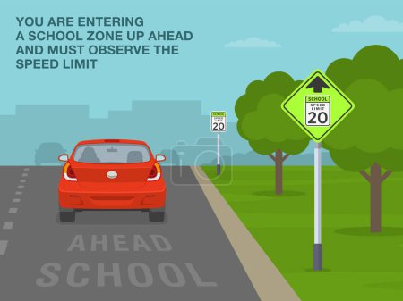 Illustration for Safe driving tips and traffic regulation rules. "School speed limit ahead" sign meaning. Back view of a red car entering the school zone. Flat vector illustration template. - Royalty Free Image