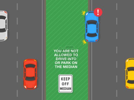 Tipps für sicheres Fahren und Regeln zur Verkehrsregulierung. Halten Sie die Bedeutung des Medianzeichens aufrecht. Es ist nicht gestattet, auf dem Mittelstreifen einzufahren oder zu parken. Blick von oben auf den Verkehrsfluss. Vorlage für flache Vektorabbildung.