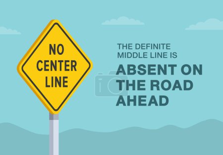 Safe driving tips and traffic regulation rules. Close-up of United States "No center line" sign. The definite middle line is absent on road. Flat vector illustration template.