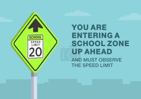 Illustration for Safe driving tips and traffic regulation rules. Close-up of United States "School speed limit ahead" sign. Entering school zone. Flat vector illustration template. - Royalty Free Image