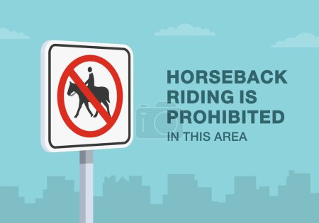 Conseils de conduite sécuritaires et règles de régulation du trafic. Gros plan sur le panneau "No equestrians" des États-Unis. L'équitation est interdite. Modèle d'illustration vectorielle plate.