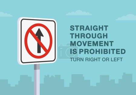 Safe driving tips and traffic regulation rules. Close-up of United States "No straight through" sign. Turn left or right, straight through movement is prohibited. Flat vector illustration template.