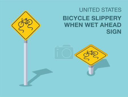 Illustration for Traffic regulation rules. Isolated United States "Bicycle slippery when wet ahead" road sign. Front and top view. Flat vector illustration template. - Royalty Free Image