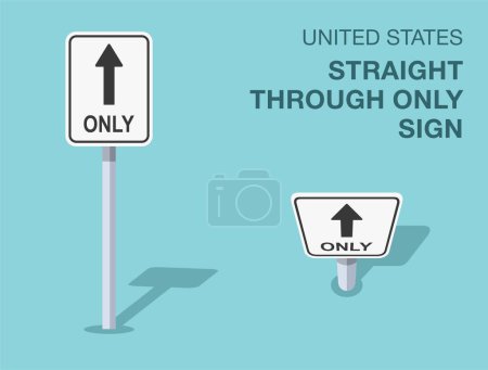 Traffic regulation rules. Isolated United States "straight through only" road sign. Front and top view. Flat vector illustration template.