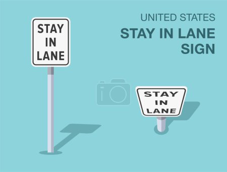 Traffic regulation rules. Isolated United States "stay in lane" road sign. Front and top view. Flat vector illustration template.
