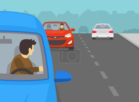 Safe driving tips and traffic rules. Close-up of a male driver looks back and checks if there is approaching vehicle before opening car front door. Flat vector illustration template.
