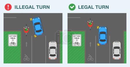 Safe driving tips and traffic regulation rules. Legal and illegal left turn on crossroad. Yield to bicycle before turn. Top view. Flat vector illustration template.