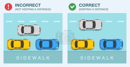 Safe driving tips and traffic regulation rules. Correct and incorrect passing the stationary parked vehicles. Keeping a safe distance. Flat vector illustration template.