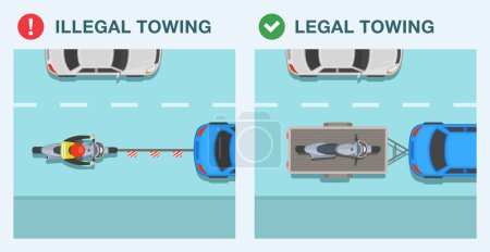 Illustration for Safe driving tips and rules. Legal and illegal motorcycle towing. Top view of car towing a broken down motorcycle on a flexible hitch or on a trailer. Flat vector illustration template. - Royalty Free Image
