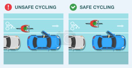 Tipps und Regeln für sicheres Fahren. Sicheres und unsicheres Radfahren. Die Türzone meiden. Blick von oben auf einen Radfahrer und geparkte Autos. Vorlage für flache Vektorabbildung.