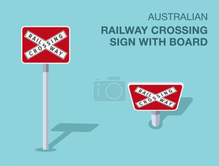 Reglas de regulación del tráfico. Cartel de "cruce ferroviario" australiano aislado con borad. Vista frontal y superior. Plantilla de ilustración de vector plano.